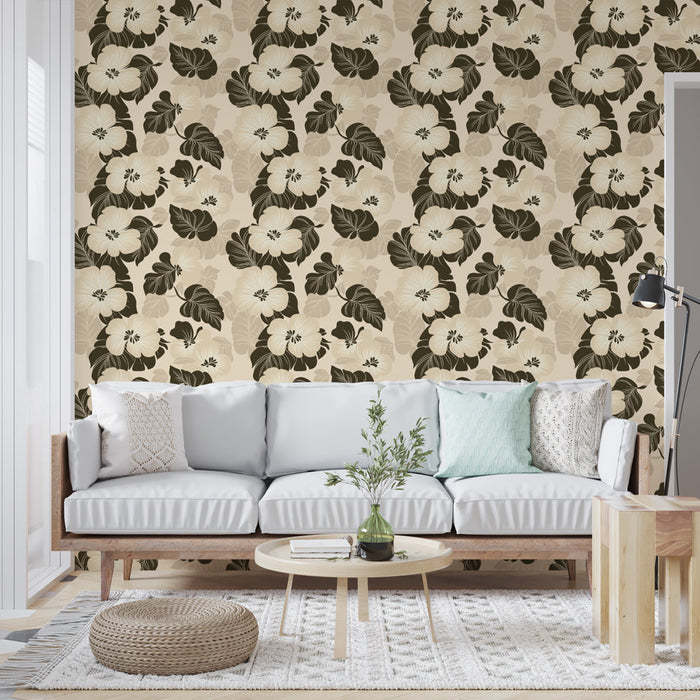 Tapetti kukka beige | Kukka- ja lehtikuvioita pehmeissä sävyissä