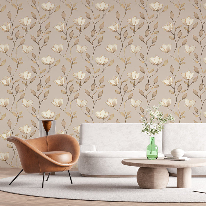 Mural Wallpaper floral beige | Delicate patterns of white flowers on a soft background