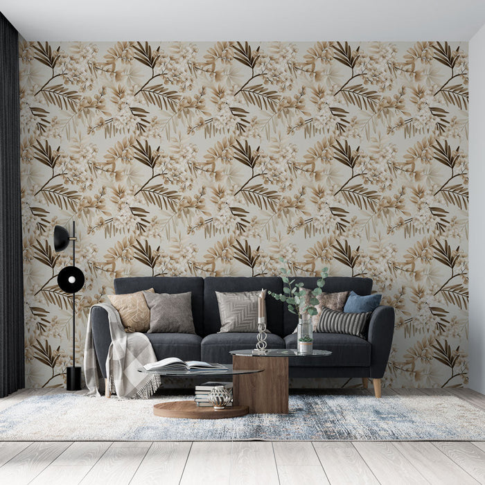 Tapete floral beige | Zarte Blumen- und Blattmotive in neutralen Farbtönen