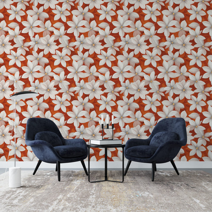 Papel de parede mural floral branco | Padrão de flores brancas em fundo vermelho terracota