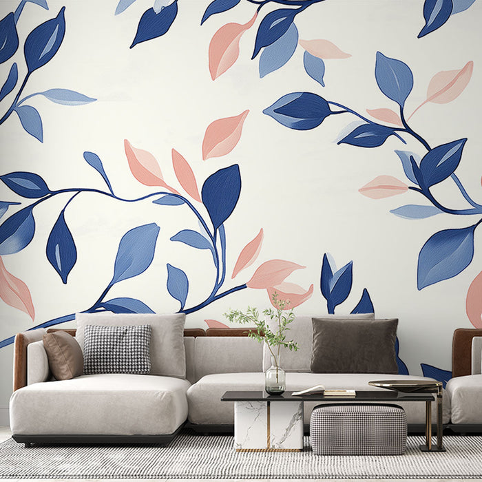 Blue floral Mural Wallpaper | Delicate branches and leaves on a light background