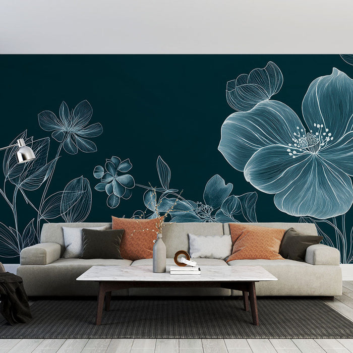 Carta da parati floreale blu anatra | Bellissimi fiori bianchi su sfondo anatra blu