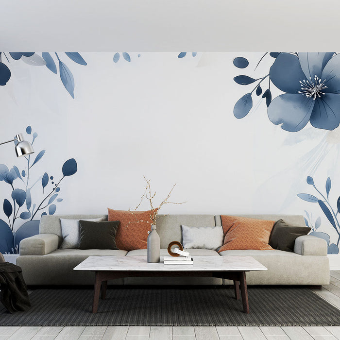 Papel de parede mural floral azul | Flores elegantes e folhagem delicada