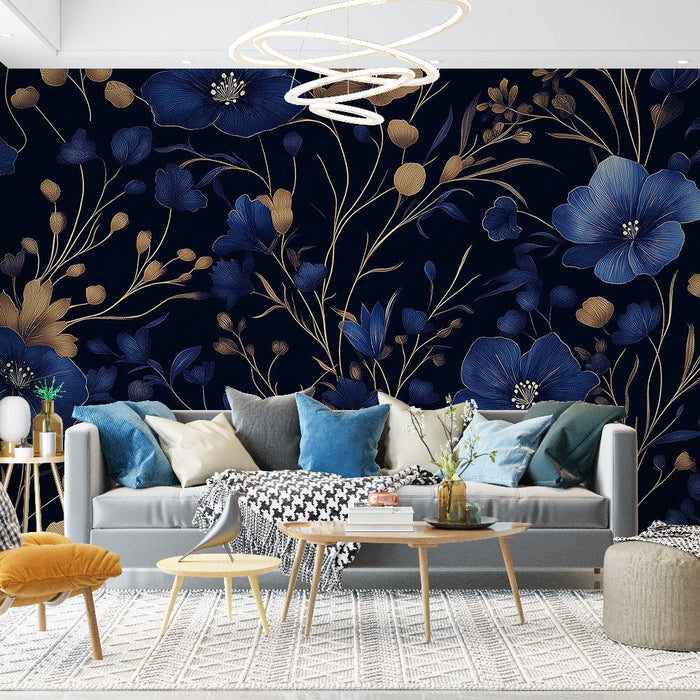 Mural Wallpaper blue and gold floral | Burst of flowers on deep black background