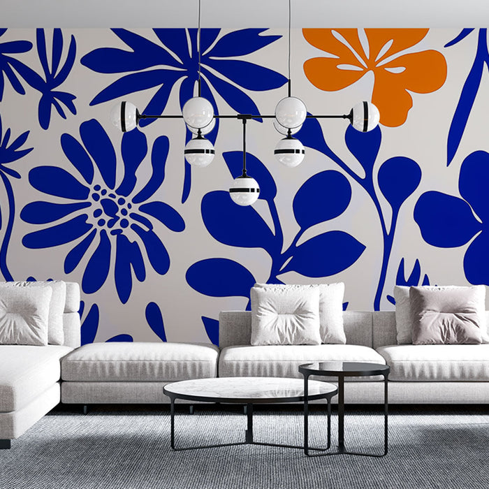 Papel de parede mural azul e laranja | Padrões florais dinâmicos em um fundo claro