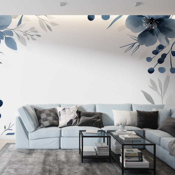 Blue floral mural wallpaper | Blue watercolor flowers and gray foliage