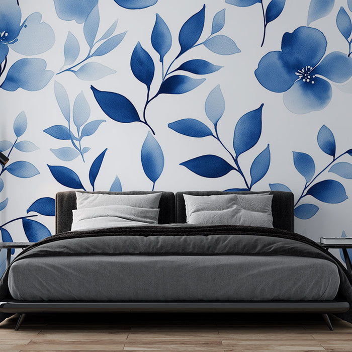 Blue floral mural wallpaper | Blue watercolor flowers and white background