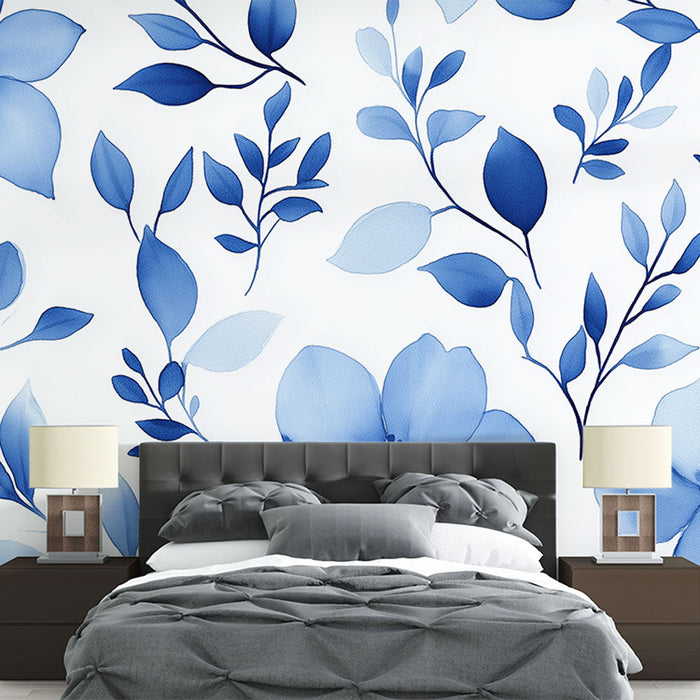 Papel de parede mural floral azul | Flores e folhagens em aquarela em fundo branco