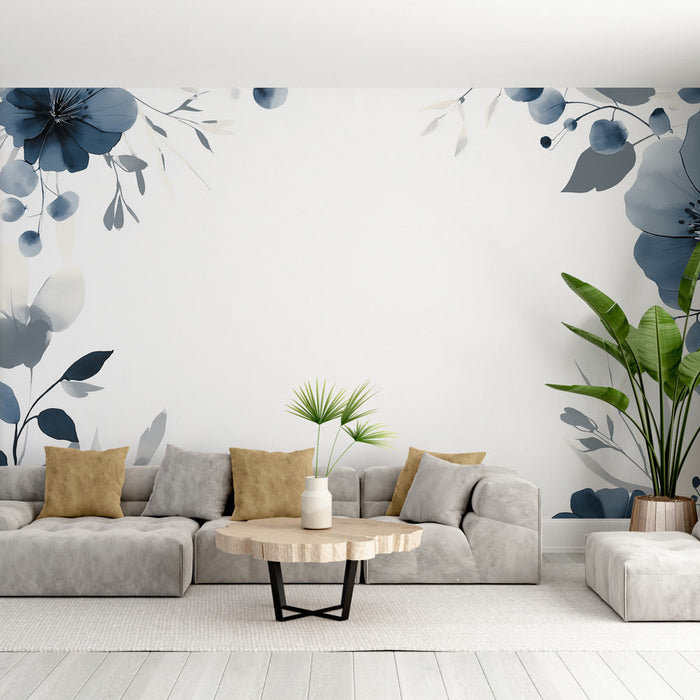 Papel pintado mural floral azul | Flores delicadas sobre fondo blanco