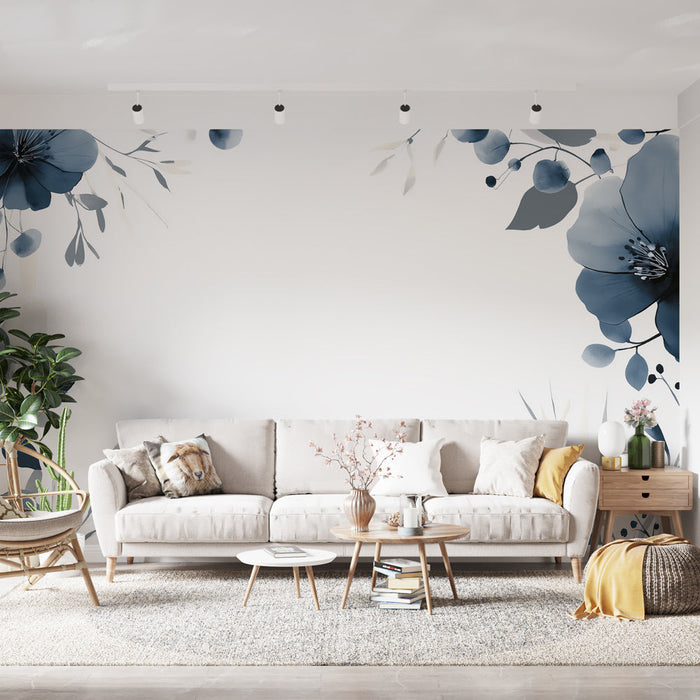 Blauw bloemenfotobehang | Delicate bloemen op witte achtergrond