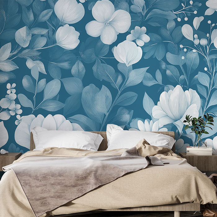 Blauwe bloemenfoto behang | Delicate bloemen op turquoise achtergrond