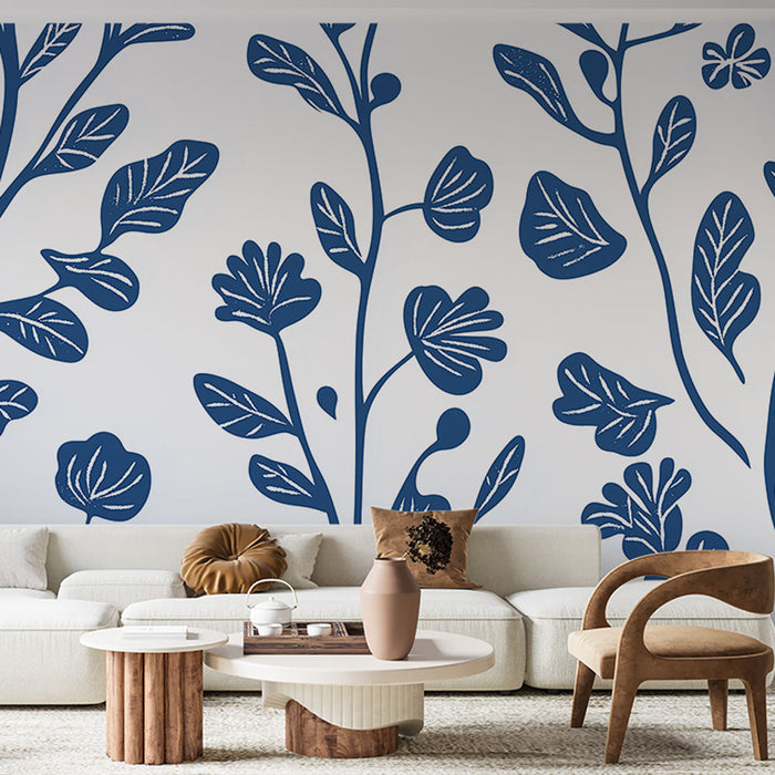 Papel de parede mural floral azul | Flores delicadas e folhagens em um fundo branco