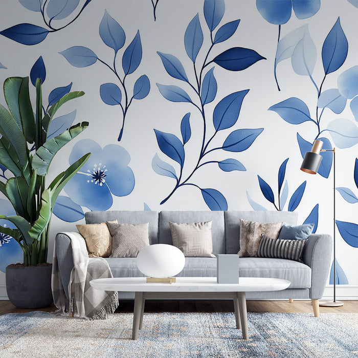 Blue floral mural wallpaper | Flowers and leaves in gradient on white background