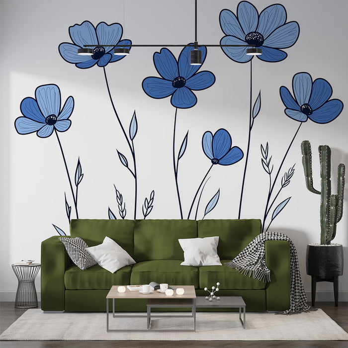 Blaue florale Wandtapete | Minimalistische Blumen auf weißem Hintergrund