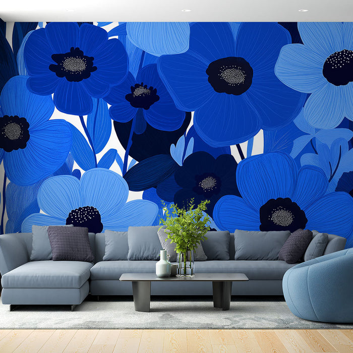 Blue floral mural wallpaper | Large blue flowers on a white background