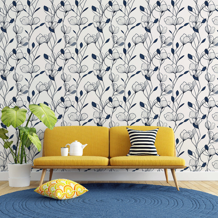 Papel pintado floral azul marino | Elegancia de flores vintage sobre un fondo claro