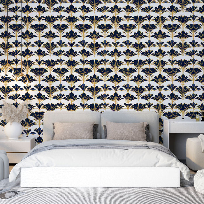 Fototapeet lilleline mereväe sinine ja kuldne | Elegantne stiliseeritud lille mustrid valgel taustal