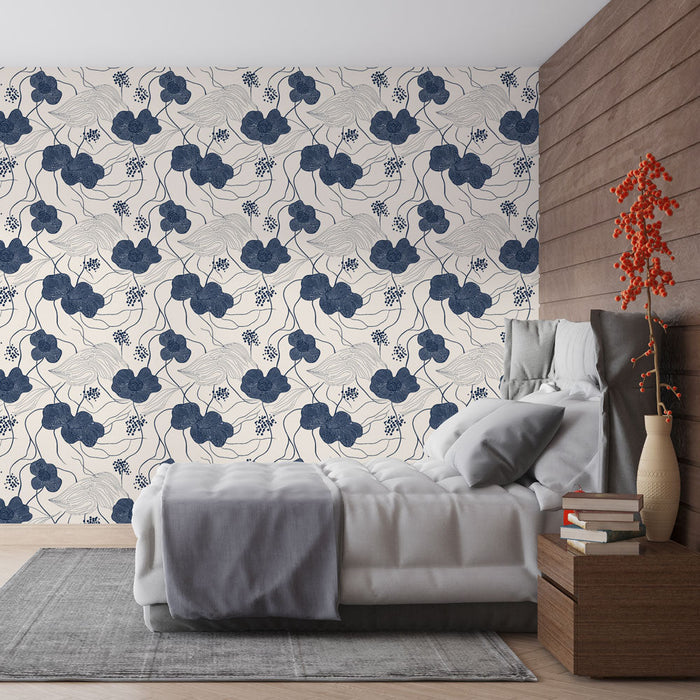 Fototapet çiçekli mavi lacivert | Hafif bir arka plan üzerinde zarif çiçekler