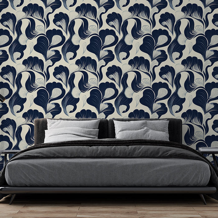 Navy Blue Floral Wallpaper | Stylized flower pattern on light background