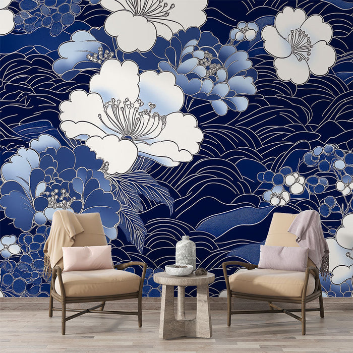 Carta da parati floreale blu | Motivo di fiori stilizzati su sfondo blu notte