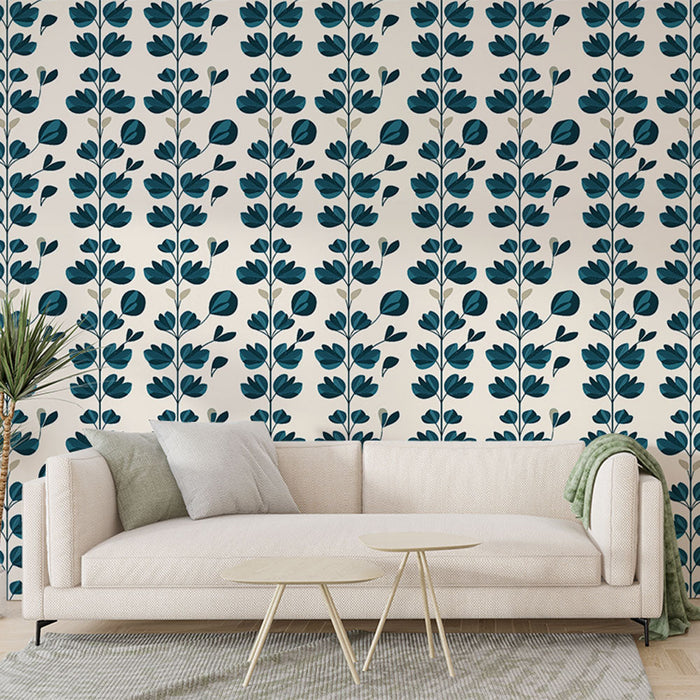 Tapet mural floral bleu | Model de frunze stilizate pe fund deschis
