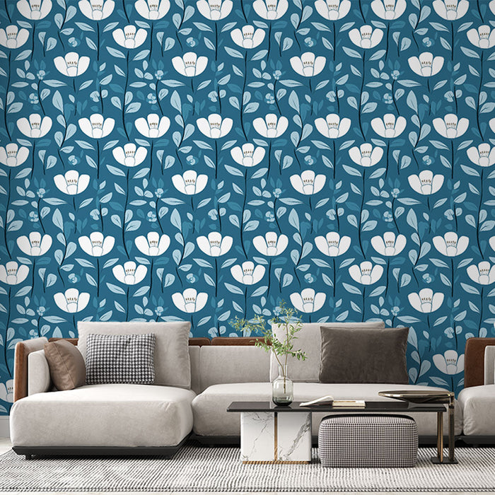 Papel pintado floral bleu | Σχέδιο λευκών λουλουδιών και φύλλων σε μπλε φόντο