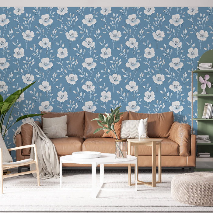 Foto Behang bloemenblauw | Patroon van witte bloemen op een blauwe achtergrond