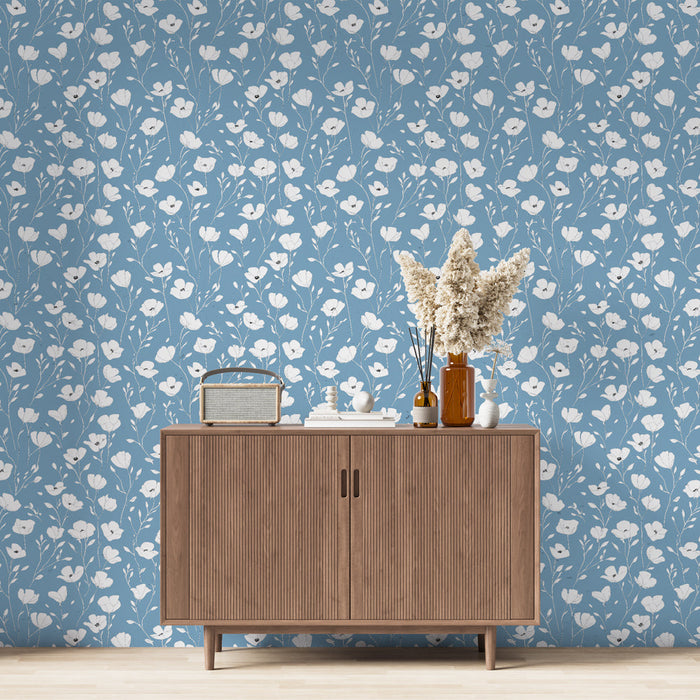 Tapete floral bleu | Motif de fleurs blanches sur fond bleu
