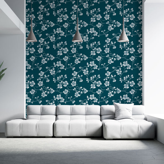 Mural Wallpaper floral blue | White flower pattern on a pretty deep blue background
