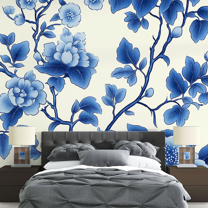 Mural Wallpaper floral blue | Delikaatne lilleline muster kreemil taustal