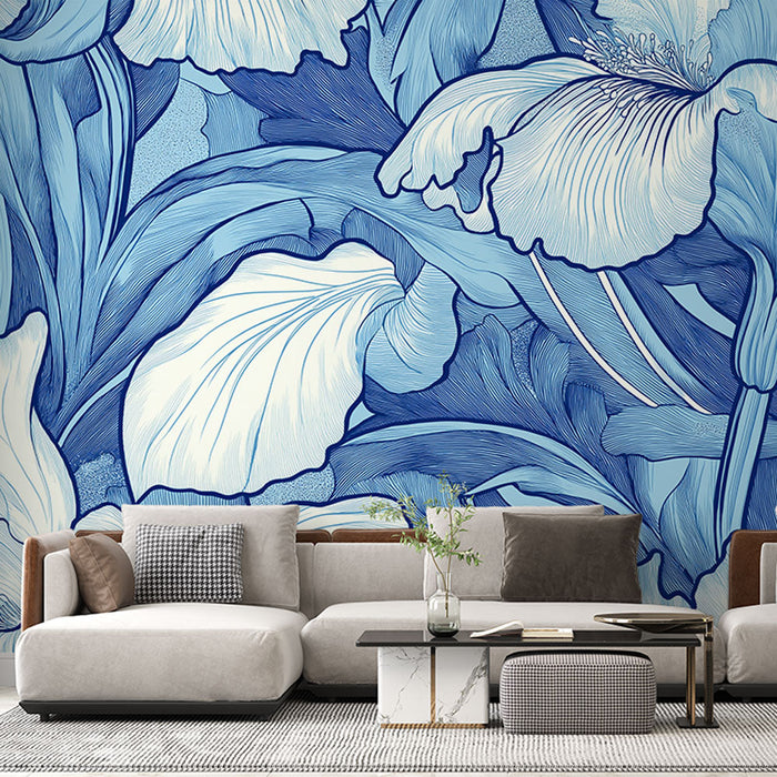 Tapet floral blå | Frodig mønster af blomster og blade i nuancer af blå