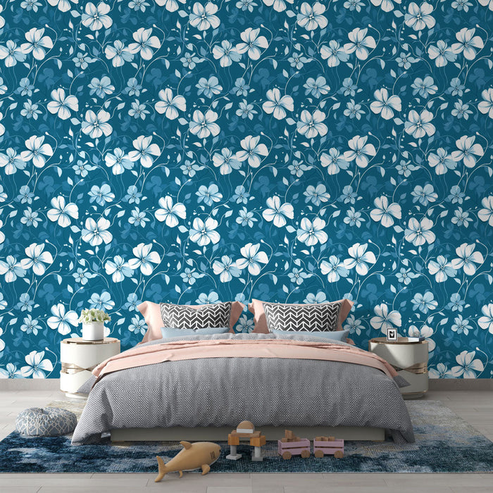 Fototapet çiçekli mavi | Derin mavi arka plan üzerinde beyaz çiçek desenleri