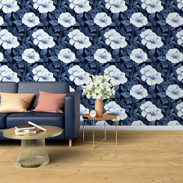 Tapete floral bleu | Σχέδια λουλουδιών ιβίσκου σε σκούρο φόντο