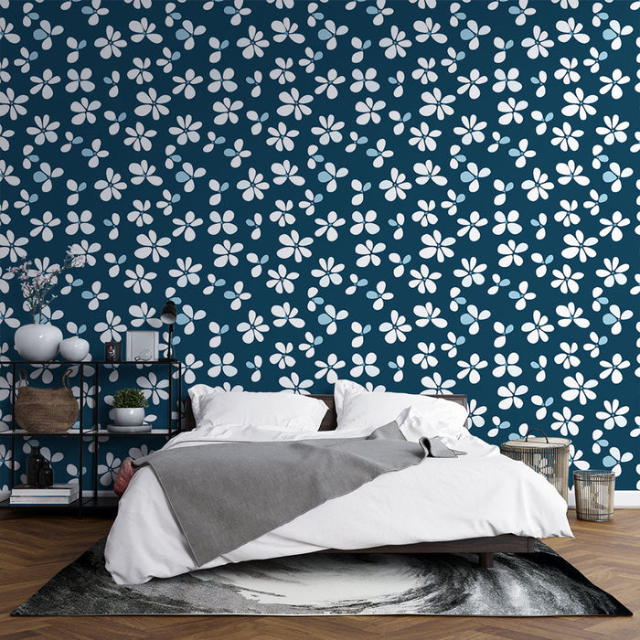 Papel de parede mural floral azul | Padrões de pequenas flores brancas em fundo azul escuro