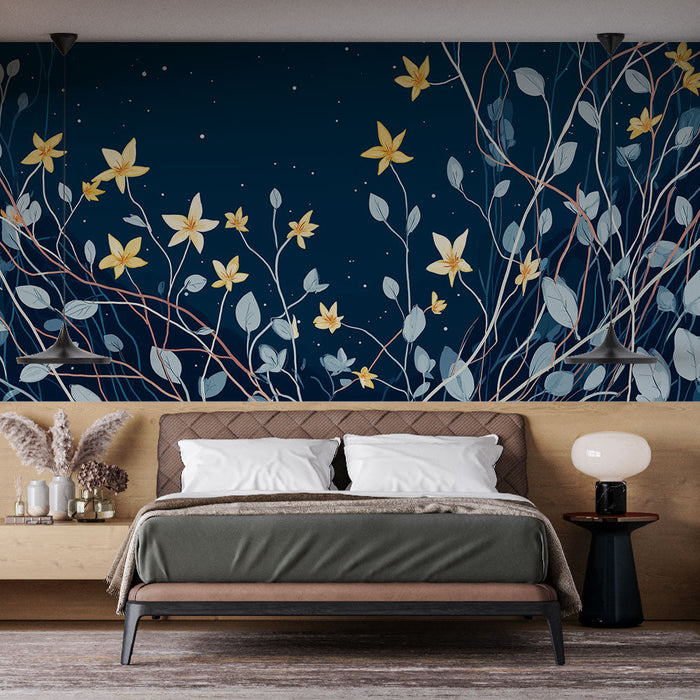 Papel de parede mural floral azul noturno | Flores amarelas e folhagem delicada