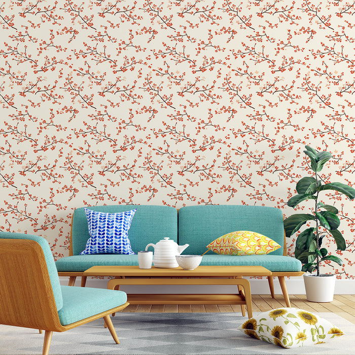 Fototapet | Delikate grene prydet med lyserøde og creme blomster