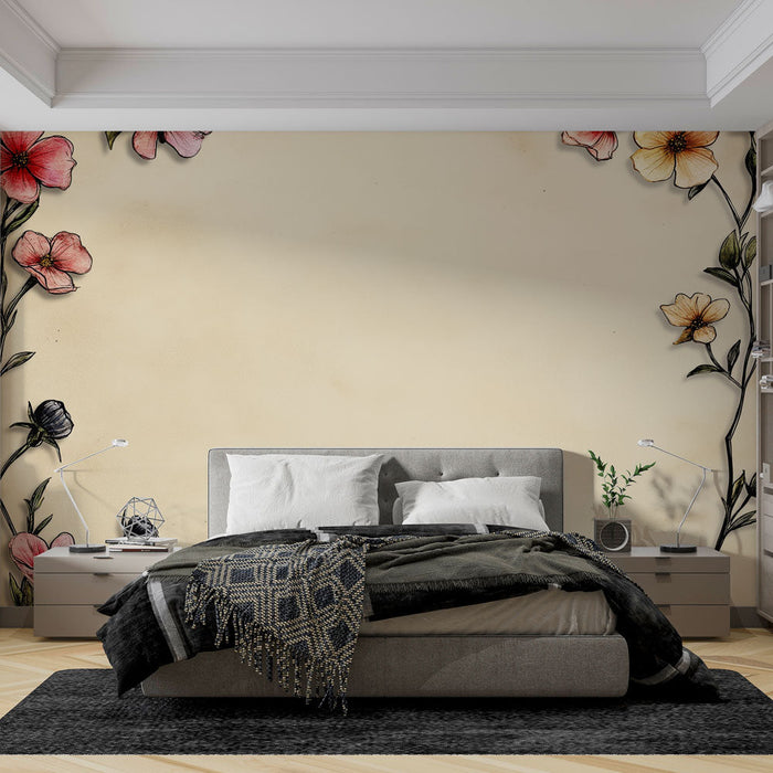 Mural Wallpaper floral | Artistic frame with colorful flowers