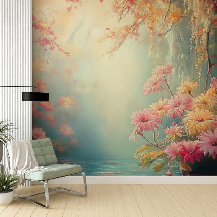 Fototapet kırsal çiçek desenli | Sessiz bir nehir kenarında parlayan çiçekler