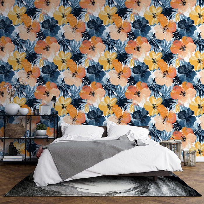 Tapetti kukkakuvio | Lumoava kirkkaiden kukkien kuvio sinisellä taustalla