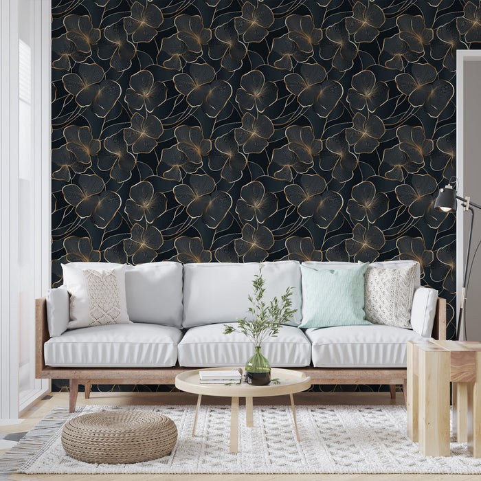 Tapetti kukkakuvioitu tyylikäs | Kultaiset kukat mustalla taustalla