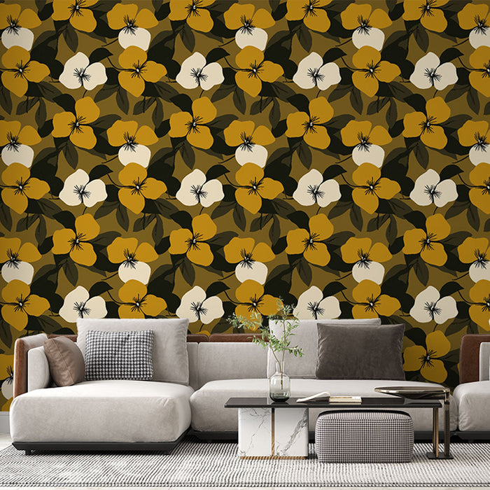 Fototapet blomster chic | Gul og hvitt blomstermønster på jordfarget bakgrunn