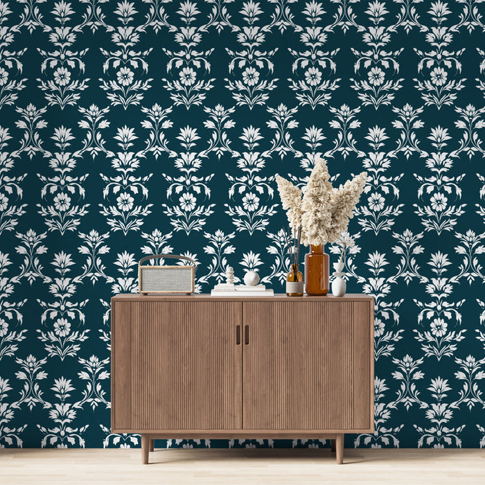 Foto Behang klassiek bloemenpatroon | Bloemenmotieven in wit op een oceaanblauwe achtergrond