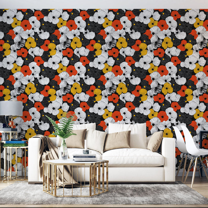 Colorful floral wallpaper | Бели, розови, жълти и оранжеви цветя върху черен фон