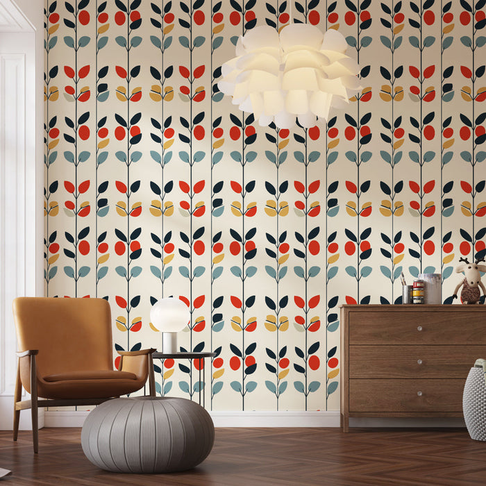 Värviline lilleline tapeet | Oksamuster elavate lehtede ja marjadega