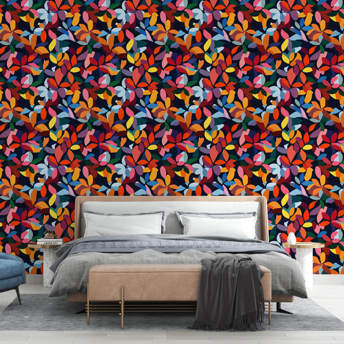 Värikäs kukkainen tapetti | Monivärinen kukkakuvio tummalla taustalla