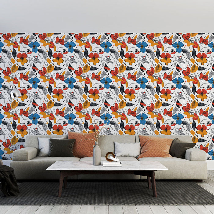 Bunte Blumentapete | Lebhaftes Blumenmuster und monochromes Laubwerk