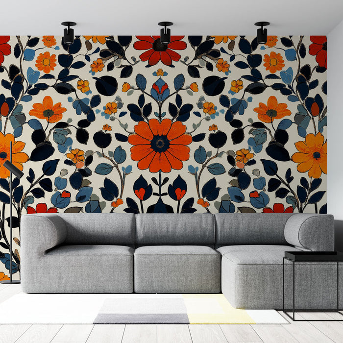 Mural Wallpaper fargerik blomstret | Mønster av lyse blomster på lys bakgrunn