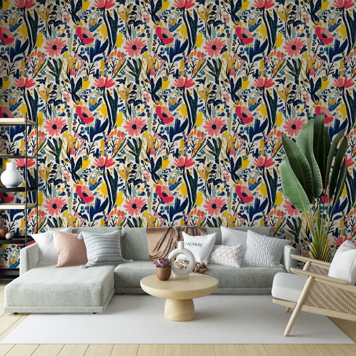 Tapete с цветен цветен мурал | Мотив от розови, жълти и сини цветя върху светъл фон
