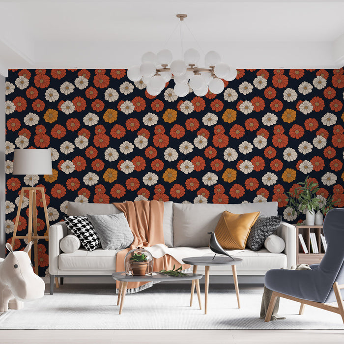 Kolorowa tapeta z motywem kwiatowym | Czerwony, biały i pomarańczowy wzór kwiatowy na tle granatowego nieba