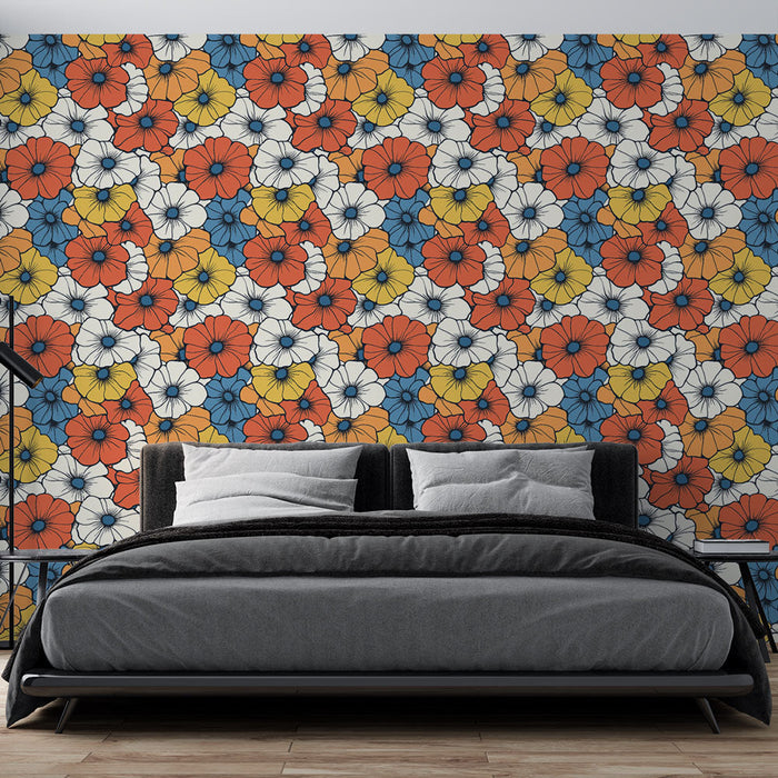 Colorful floral wallpaper | Pattern of red, yellow, white, and blue flowers